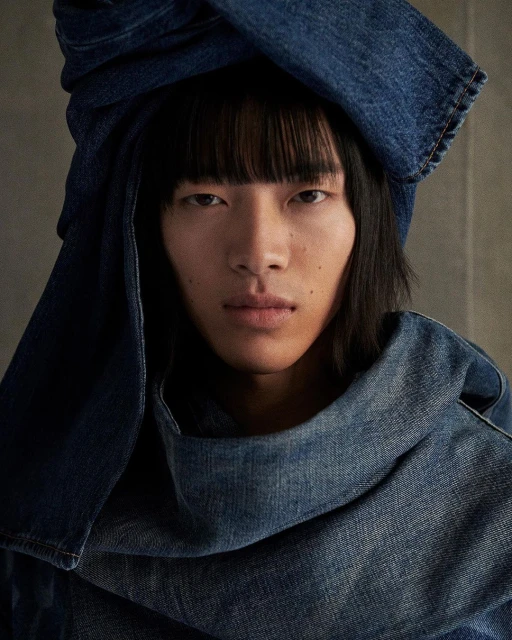 Close-up portrait of a young Asian person with dark hair and bangs, wearing a denim garment draped around the head and neck against a neutral background.