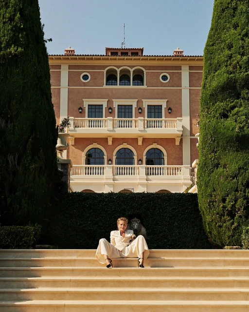 Woman in white suit sits on stairs in front of a large building framed by tall trees against a blue sky in a wide outdoor shot.