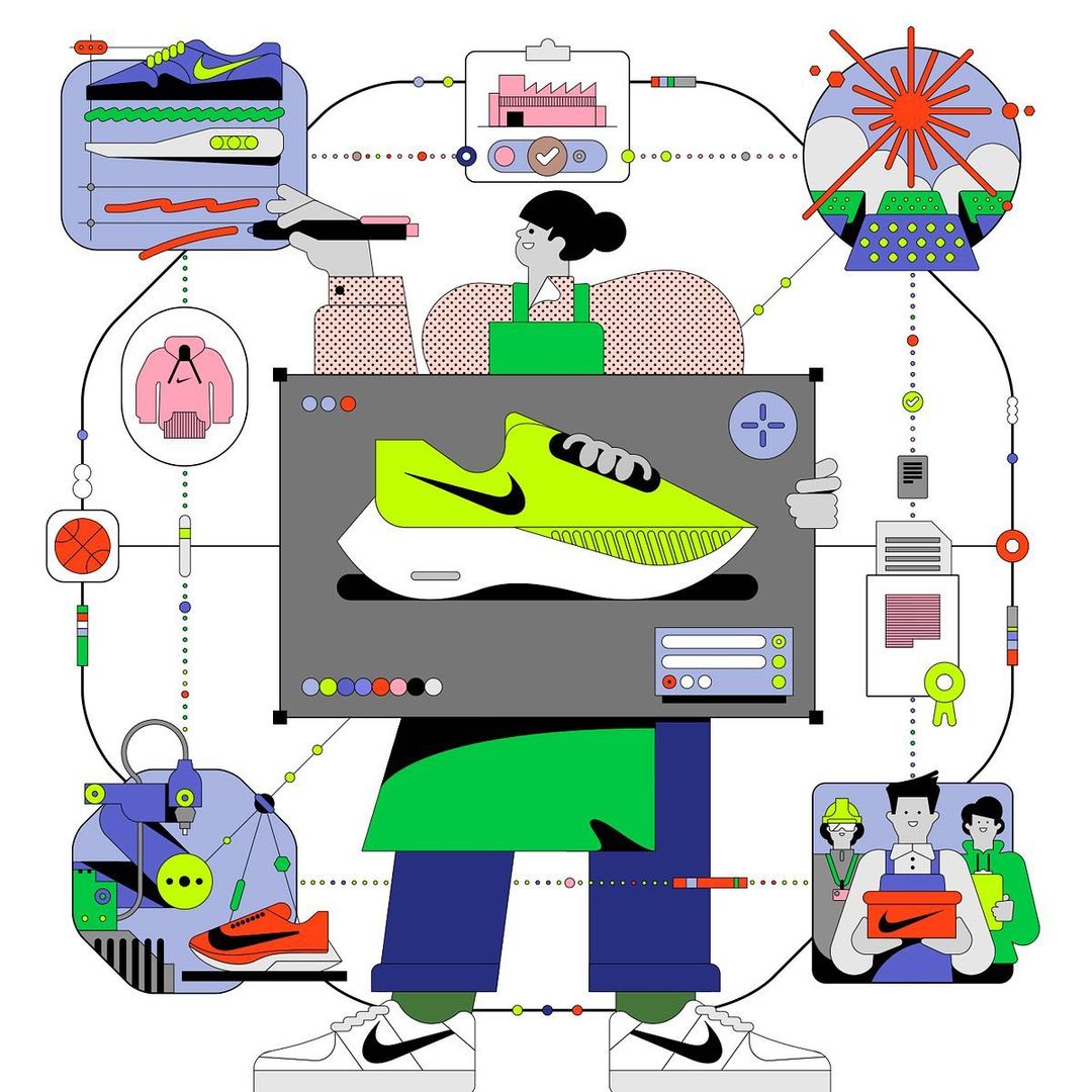 Illustration of a person presenting a neon green and white athletic shoe, surrounded by design and manufacturing elements.