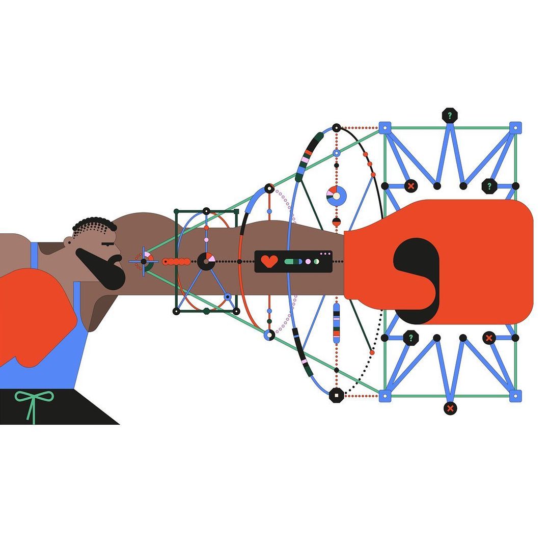 Digital illustration of an athletic, bearded man with a red boxing glove with geometric shapes, lines, and circles on a white background.