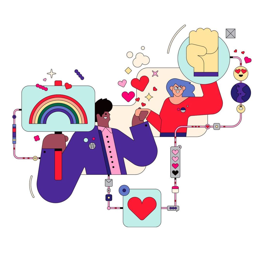 Illustration of two people holding hands, one holding a rainbow sign and the other raising a fist, symbolizing unity and support for LGBTQ+ rights.