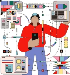 Colorful digital illustration of a figure in a red hoodie and blue pants holding a smartphone amidst interface windows and data lines.