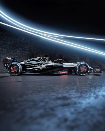 Side profile of a Formula 1 race car with black and white stripes, illuminated by glowing neon lines against a dark background.