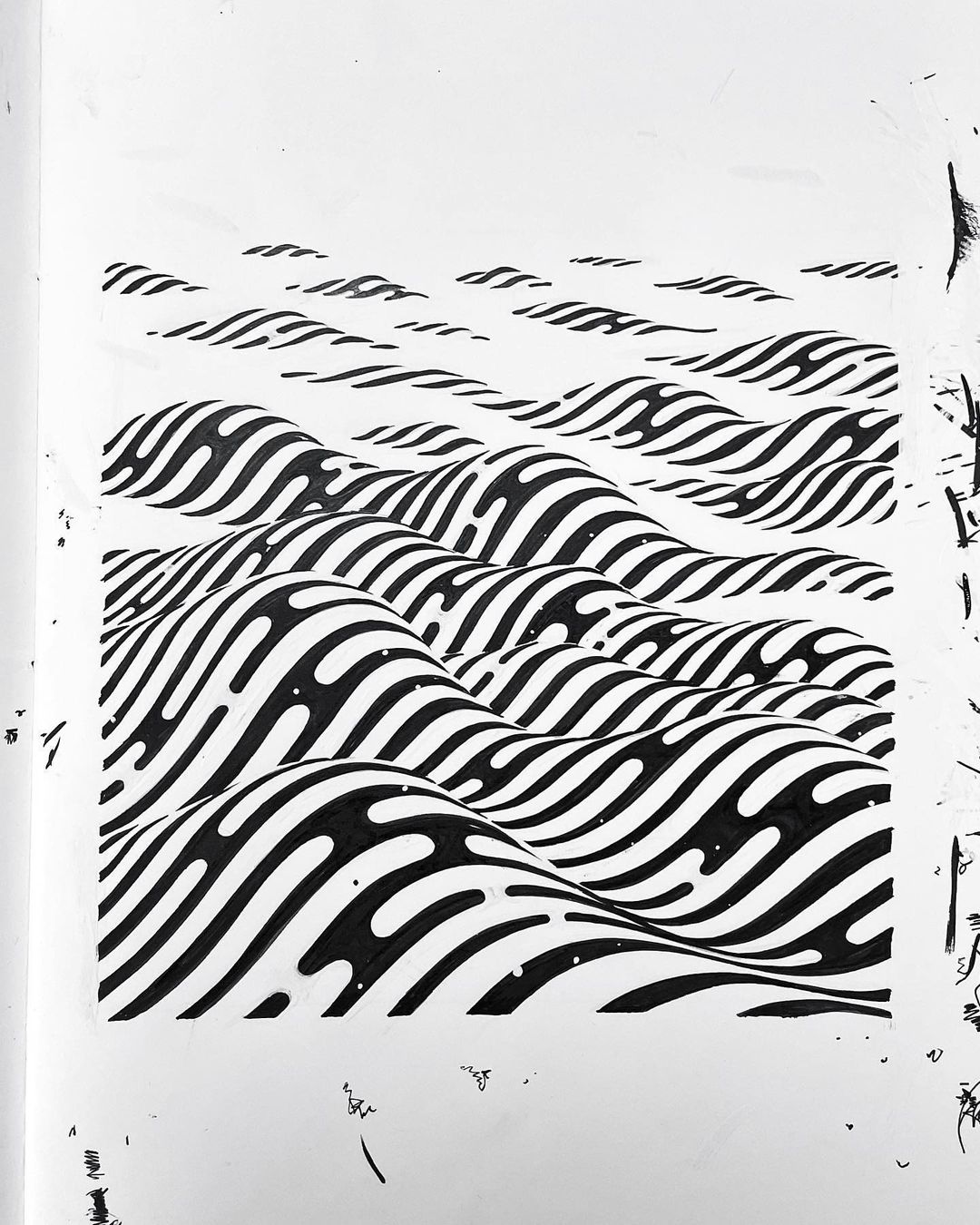 Abstract illustration of undulating black and white striped hills, created with a hand-drawn art technique and a shallow depth of field.