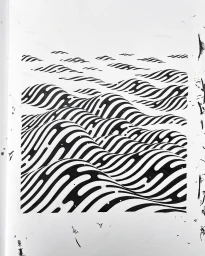 Black and white ink illustration featuring undulating wave patterns with rhythmic linear stripes by Brendan Monroe
