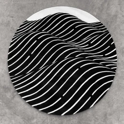 Round circular artwork featuring black and white undulating wavy line patterns on a textured concrete surface.