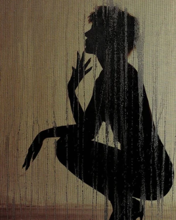 Silhouette of an adult female crouching in high heels, hand to face in a studio-like environment with an abstract background pattern.