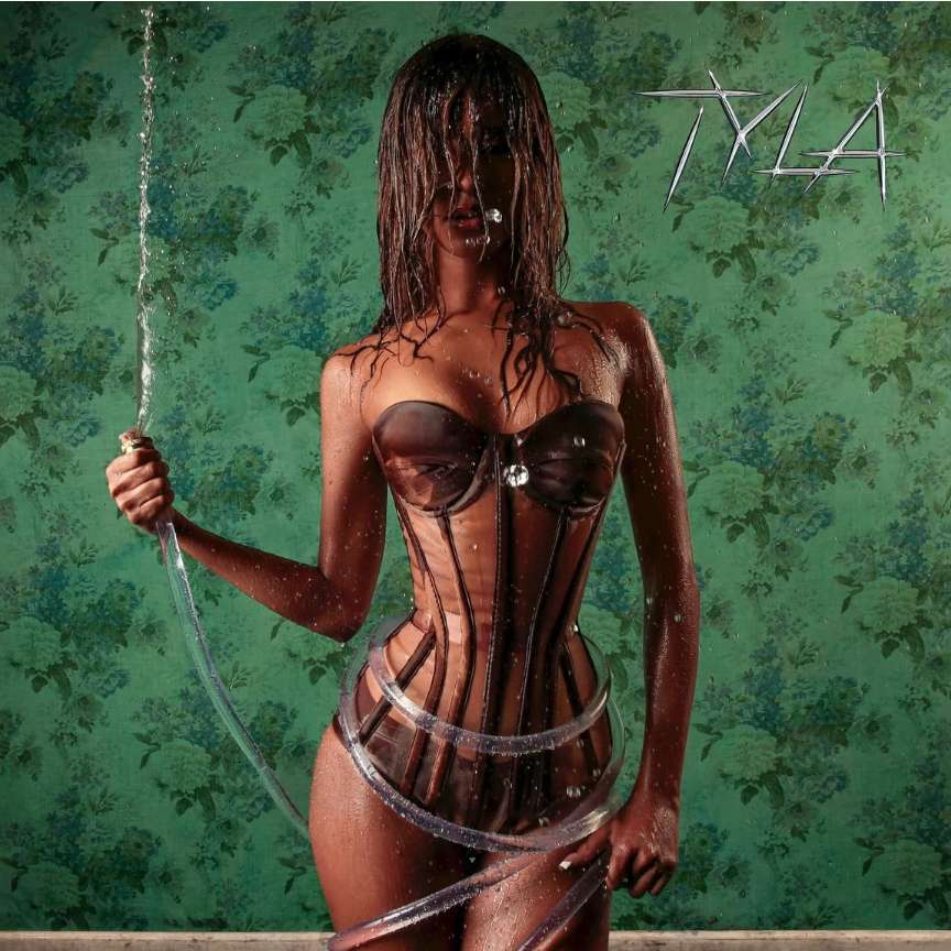 An adult woman poses in a studio against a green floral wallpaper background, wearing a corset and clear tube, with water droplets.