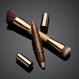 Tarte dual-ended makeup brush and contour stick with removed cap resting on a dark reflective surface