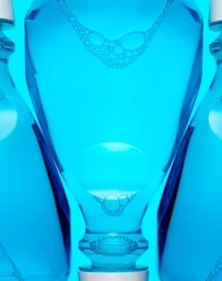 Close-up abstract photograph of translucent blue liquid inside glass bottles against a bright cyan background.