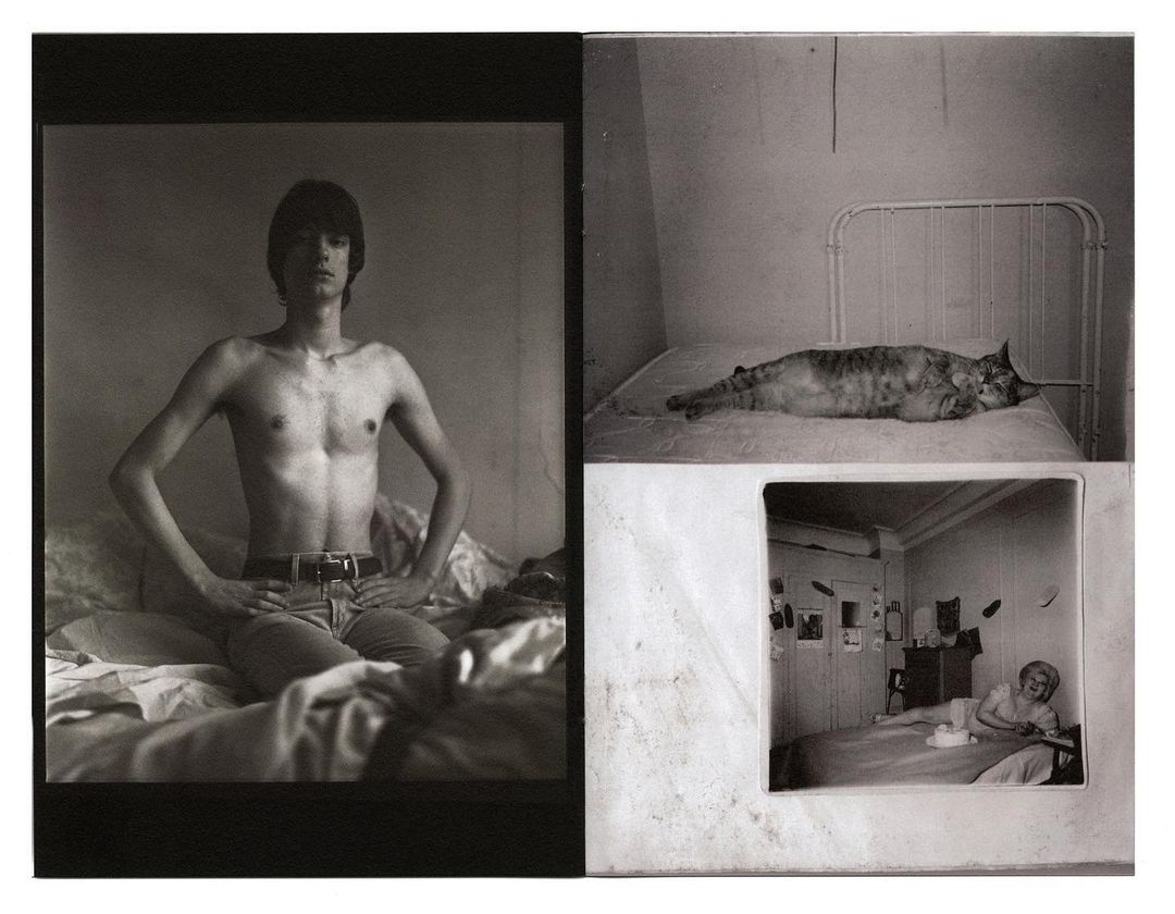 Black and white triptych featuring a shirtless man on a bed, a cat on a bed, and a woman in a room, showcasing intimate indoor scenes.