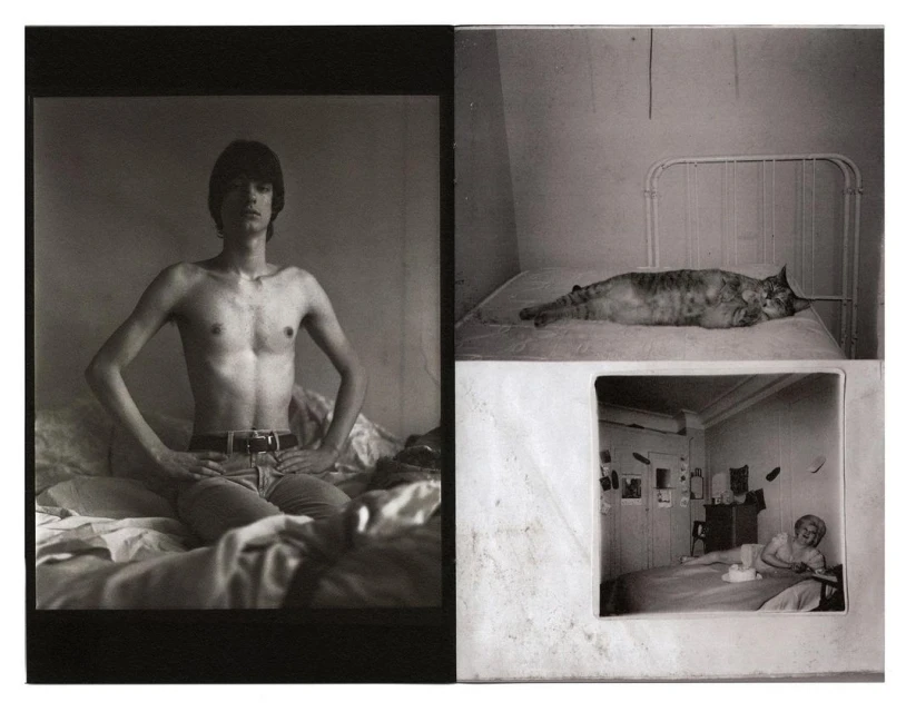 Black and white triptych featuring a shirtless man on a bed, a cat on a bed, and a woman in a room, showcasing intimate indoor scenes.