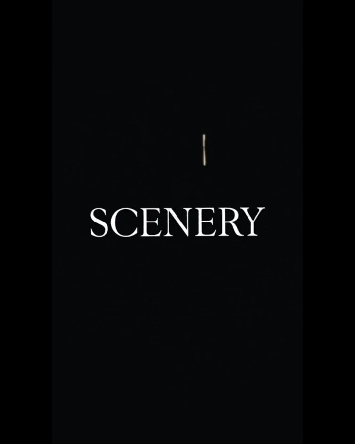 Minimalist vertical image features the word 'SCENERY' in white against a stark black background, with a single thin gold line above the text.