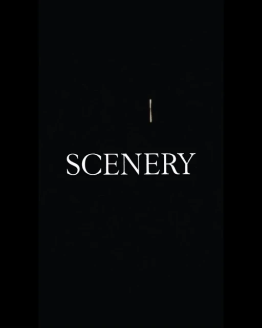 Minimalist vertical image features the word 'SCENERY' in white against a stark black background, with a single thin gold line above the text.