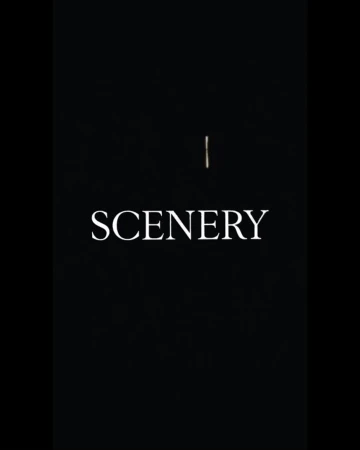 Minimalist vertical image features the word 'SCENERY' in white against a stark black background, with a single thin gold line above the text.
