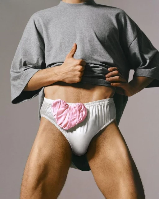 Torso shot of an adult male wearing white briefs with a pink heart, an oversized grey tee-shirt, and giving a thumbs-up gesture.