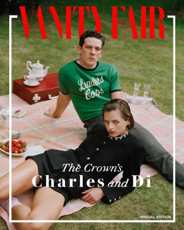Vanity Fair cover featuring two young adult actors on a picnic blanket in a grassy field, with a teapot, snacks, and the magazine logo.