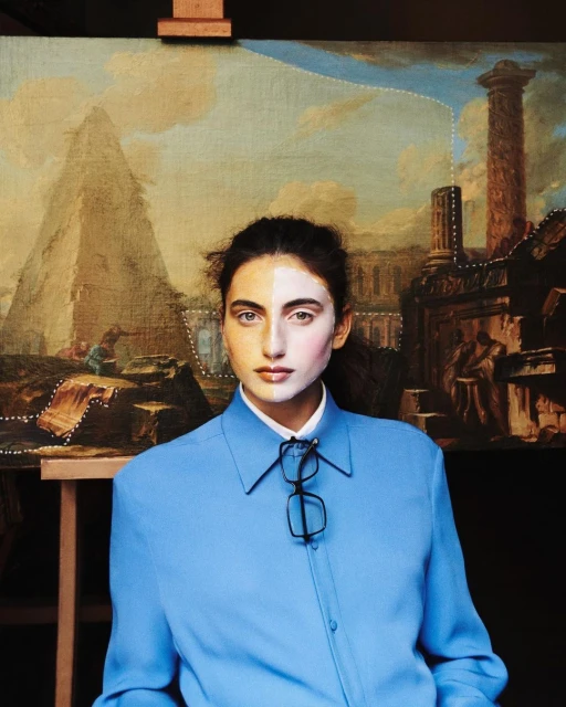 Woman poses in front of unfinished painting depicting a pyramid and classical architecture, wearing a blue shirt and glasses.