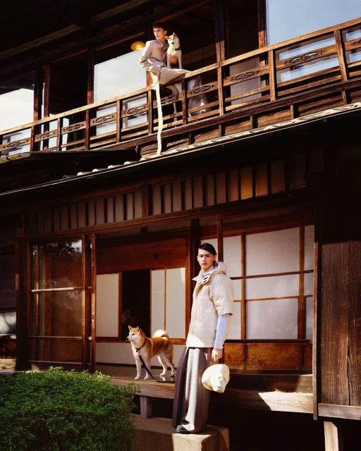 Two Shiba Inu dogs with a male fashion model wearing modern clothing on a traditional Japanese building's balcony and porch.