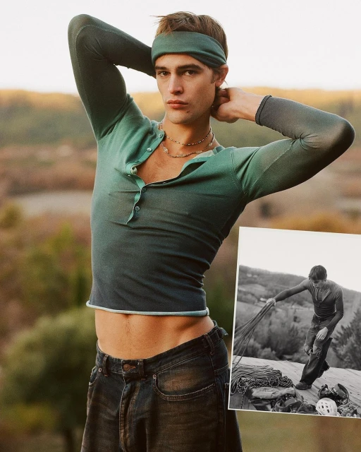 Male model poses outdoors wearing a green top and headband, against a blurred natural background and a black and white climber inset.