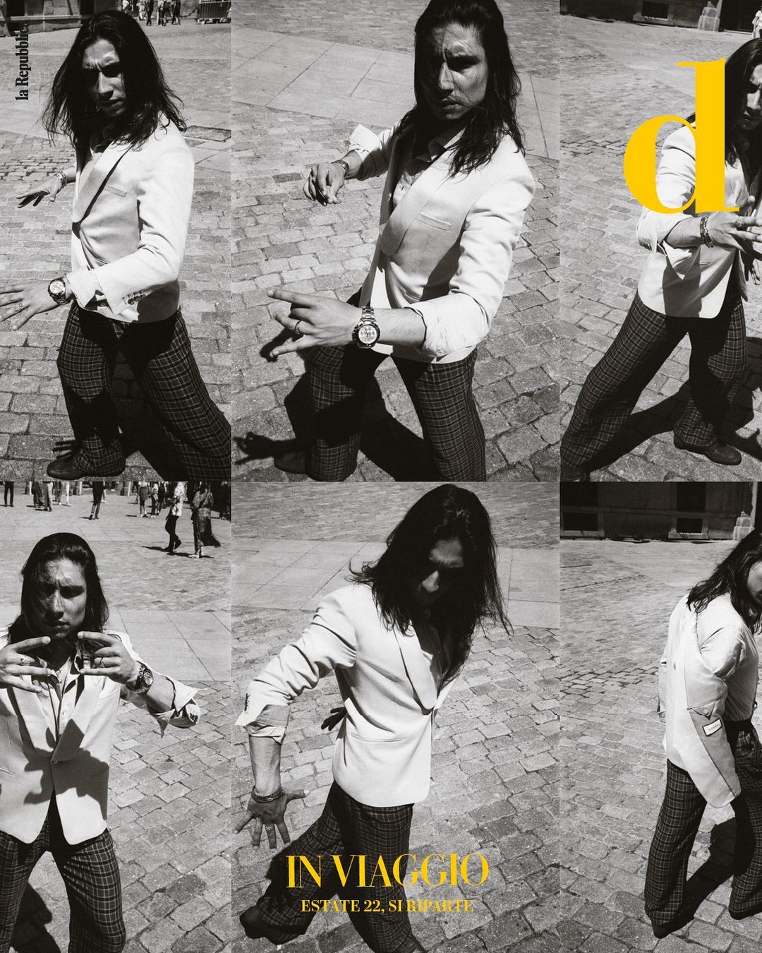Black and white mosaic of a man in a white jacket and patterned pants posing in a stone plaza, magazine cover with text.