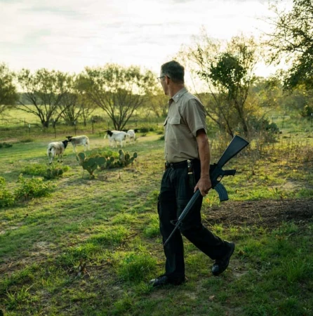 Man in khaki uniform carries rifle across grassy field, sheep graze in background, rural setting, outdoor daylight scene, natural lighting.