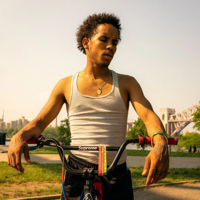A young man in a tank top stands with a bicycle in an urban park. The setting is outdoors with a bridge visible in the background.