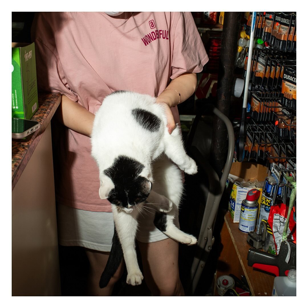 Indoor portrait of a person holding a black-and-white cat, near a retail shelf with home-repair products under bright indoor lighting.