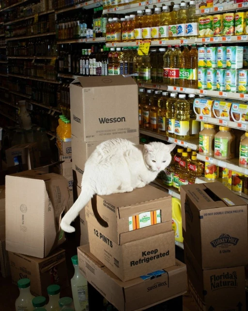 A white cat is sitting atop a stack of cardboard boxes in the middle of a grocery store aisle surrounded by shelves of food products.