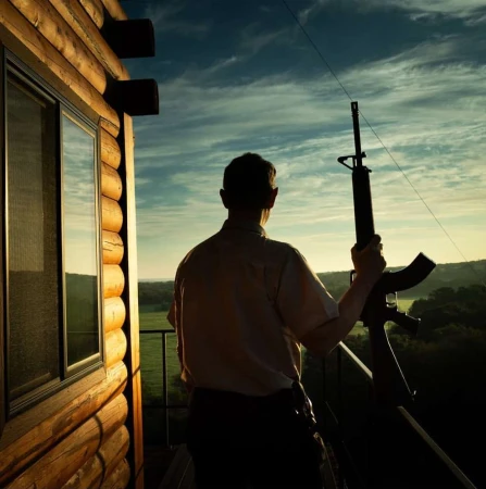 Man holds a rifle on the balcony of a log cabin, overlooking a green valley under a cloudy sky at sunrise or sunset.