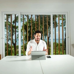 Man in white shirt seated at a white table using a tablet with a tropical view through slatted windows