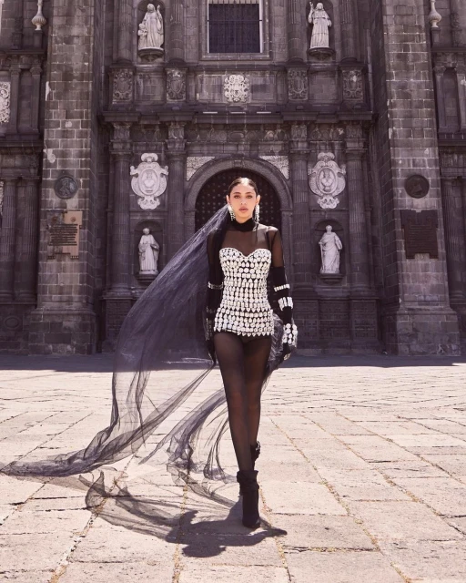 Woman in sheer dress with embellishments and flowing veil poses in front of a historic stone cathedral on a sunny day.