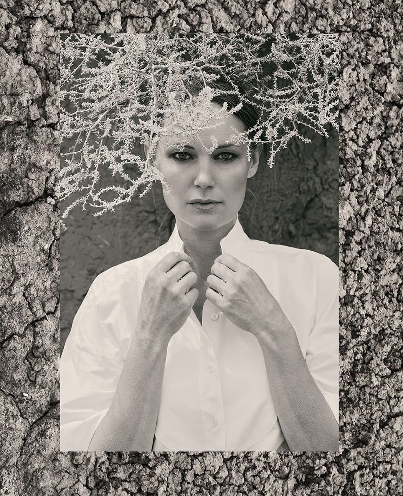 Monochrome portrait of an adult female in a button-down shirt with frosty branches overhead, set against a textured, cracked backdrop.
