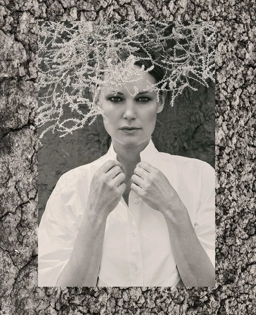 Monochrome portrait of an adult female in a button-down shirt with frosty branches overhead, set against a textured, cracked backdrop.