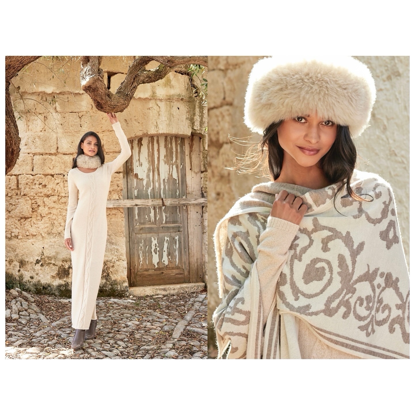 Two women model winter fashions: a long cream dress and fur collar, and a patterned shawl and fur hat, set against a stone building.