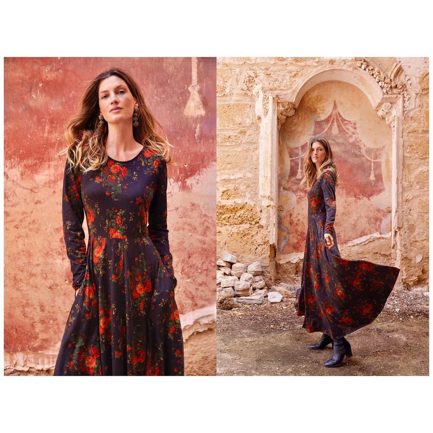 A woman models a long-sleeved, floral-print dress outdoors, against weathered stucco walls in a warm color palette.