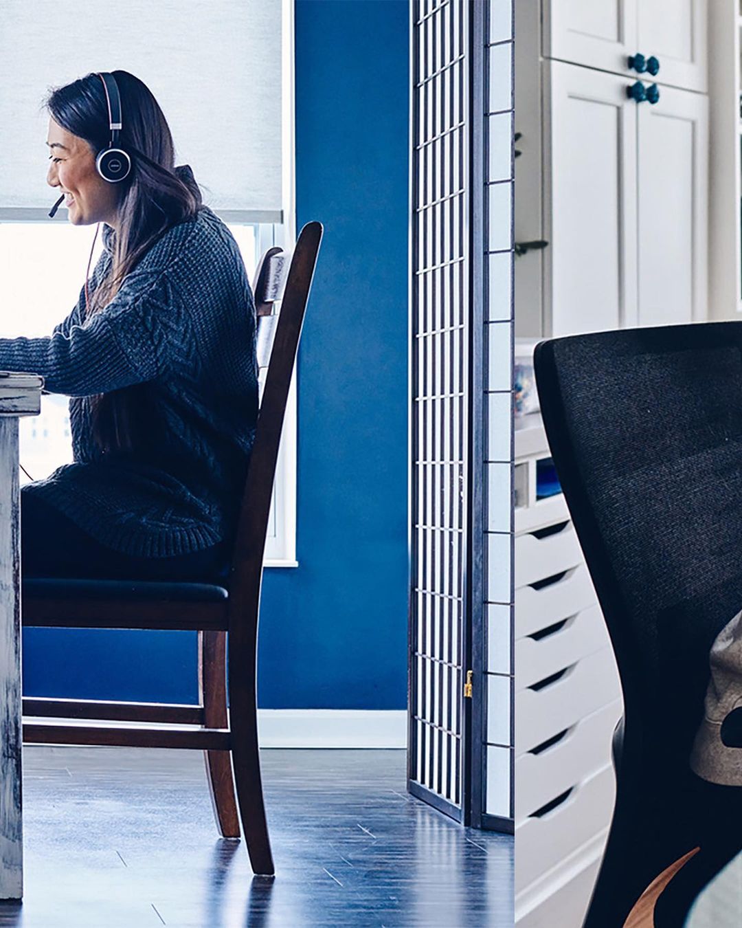 Woman working from home at a white table, wearing a headset in a blue-walled room, with a screen divider, and white cabinets.