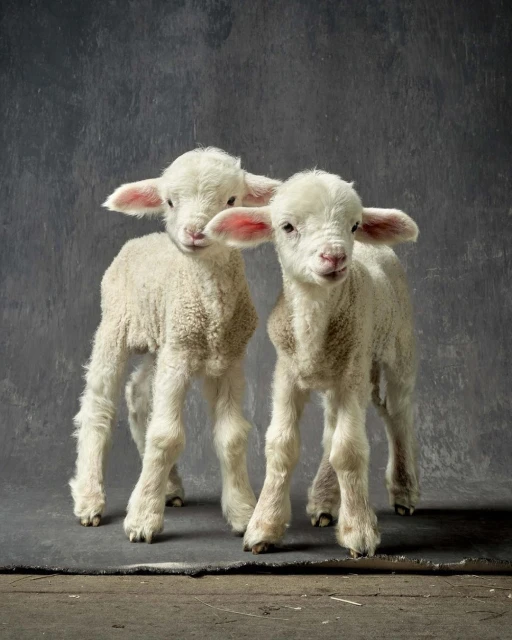 Two adorable white lambs standing side-by-side in a studio setting, captured in a portrait with soft lighting and a textured background.