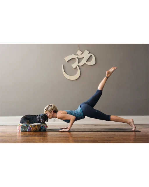 Adult woman in yoga pose with a dog on a pillow indoors. The woman is balancing on her hands and one foot. 