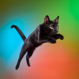A black cat mid-air leaping against a vibrant gradient background blending blue, green, and orange hues.