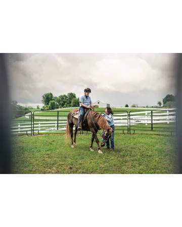 Person riding brown horse in grassy paddock with handler standing nearby under cloudy sky