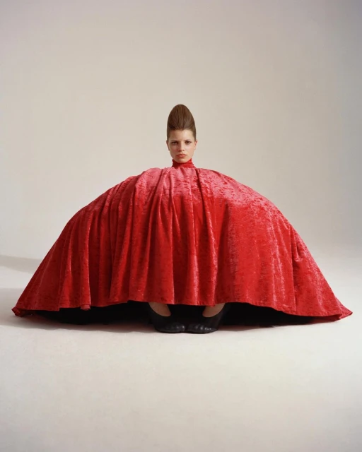 Fashion shot of a person in a draped red velvet fabric garment with a tall beehive hairstyle, set against a plain light backdrop.