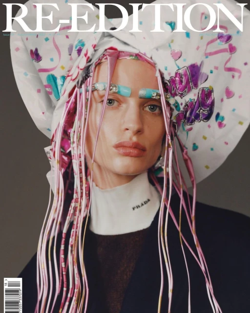 Fashion magazine cover featuring a model wearing a white headscarf, strands of pink hair extensions, Prada top, and light turquoise makeup.