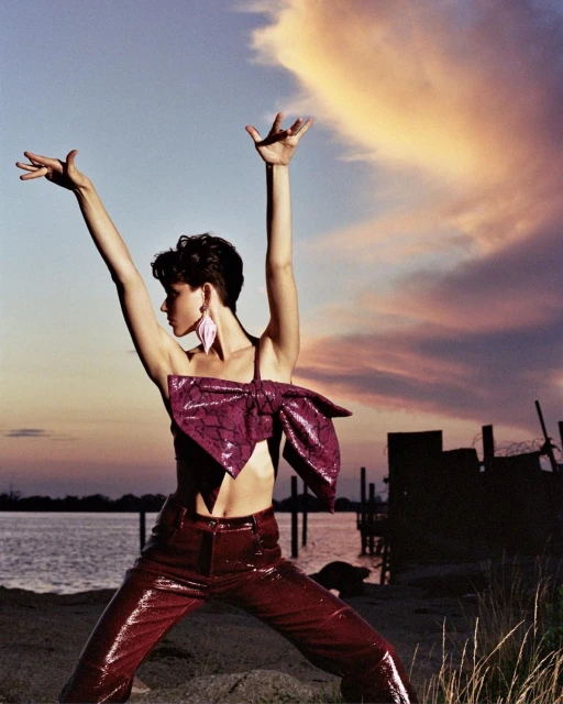 Fashion shot of a young adult woman posing in a purple top and pants with arms raised against a sky with colorful sunset clouds.