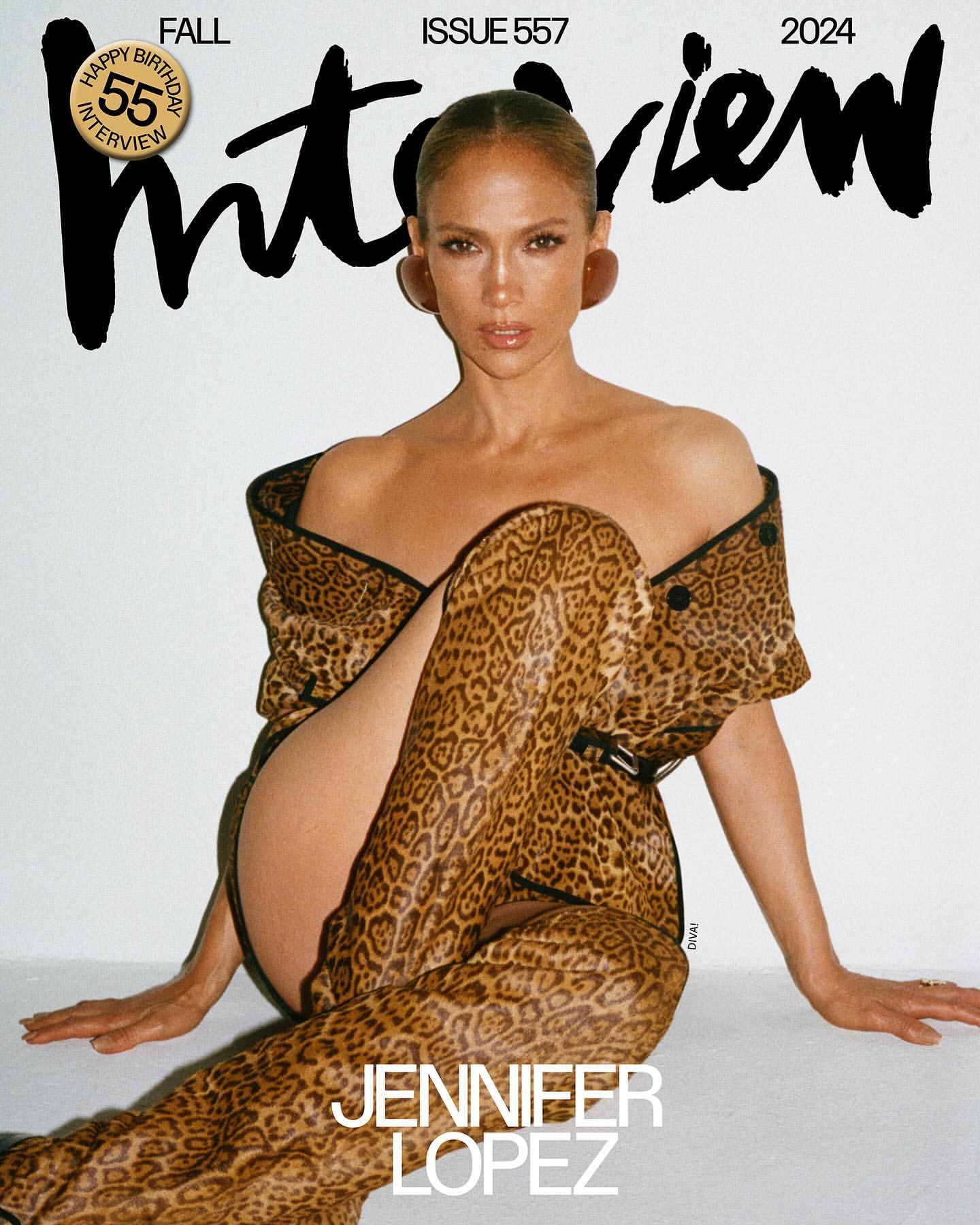 Jennifer Lopez is seen on a magazine cover with a leopard-print outfit with the word “Interview” printed on the cover in black bold font.