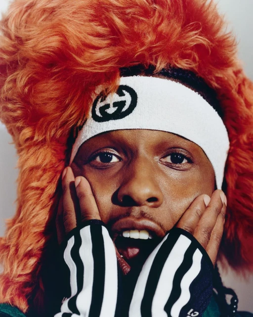 Close-up portrait of a Black adult male with an orange faux fur hat and Gucci headband, holding his face with hands.