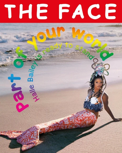 Halle Bailey as a mermaid on a sandy beach under bright sunlight, promotional imagery, ocean waves in the background, magazine cover art.