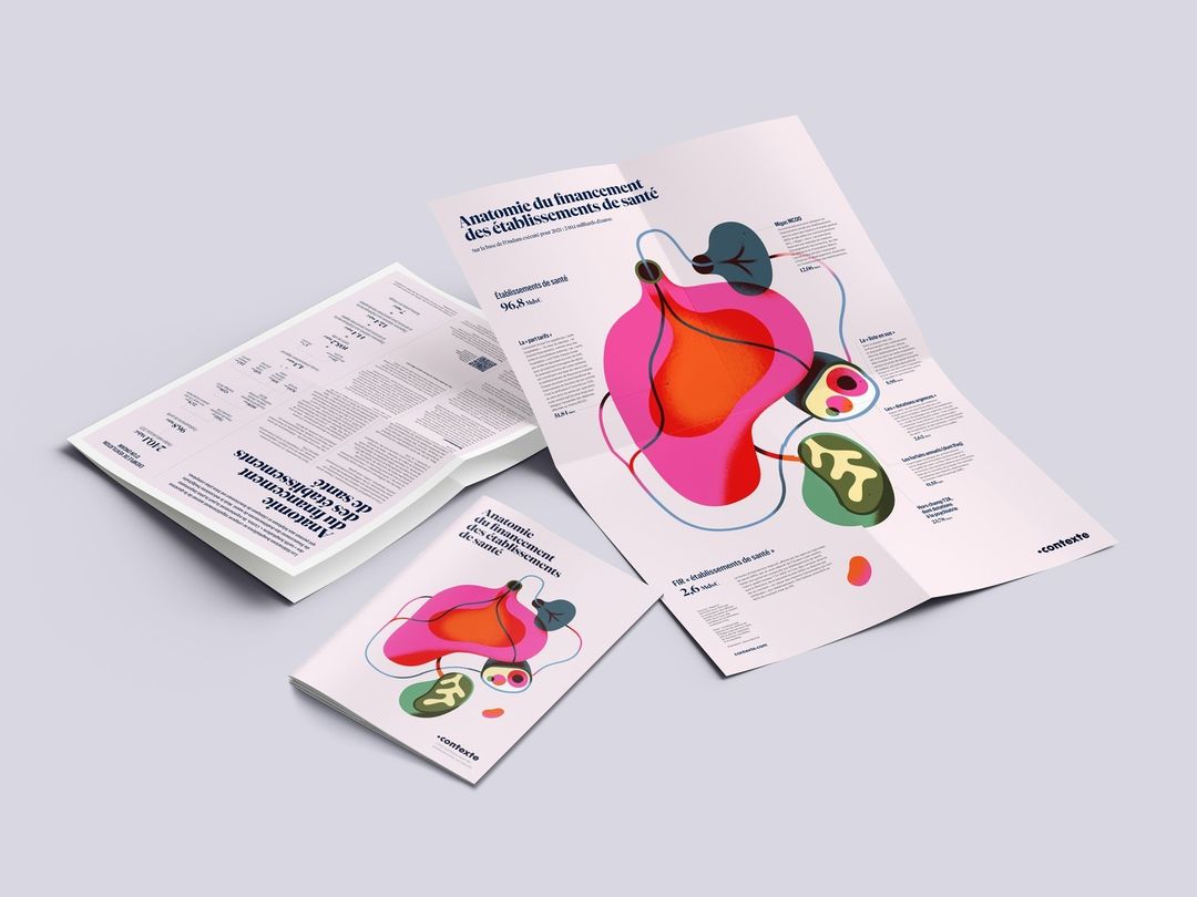 Infographic leaflets showing anatomical diagrams of healthcare funding displayed on a light grey surface in a well-lit indoor setting.