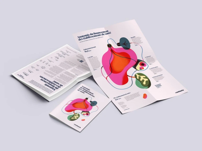 Infographic leaflets showing anatomical diagrams of healthcare funding displayed on a light grey surface in a well-lit indoor setting.