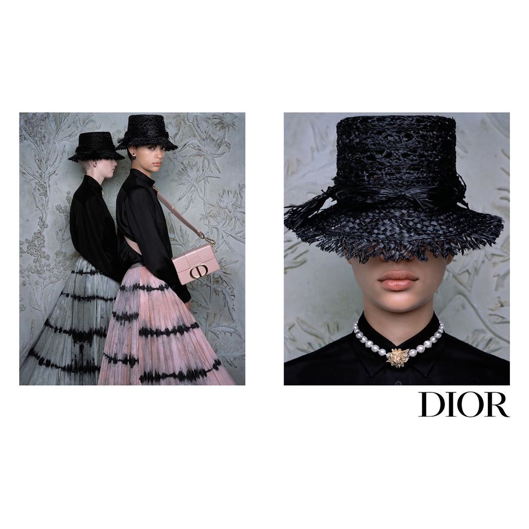Two women wearing straw hats and pleated skirts, one carrying a pink purse, with a close-up of a woman wearing a straw hat and pearl necklace.